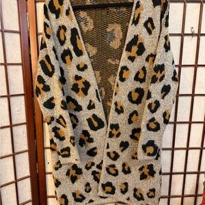 Open-Front Leopard Print Cardigan Sweater - Taupe/Black/Brown